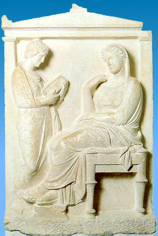 GRAVE STELE OF KALLIARISTA - Grave stele of Kalliarista. It depicts the dead Kalliarista, seated, in a chiton and himation which covers her head. Her servant, standing, holds a pyxis with her cosmetics. The stele has a pedimental capping resting on pilasters. Ca. 350 BC. 

