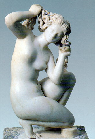 Marble statue of a nude squatting Aphrodite. - A remodeling of the Doidalsas type. Ca. 100 AD.