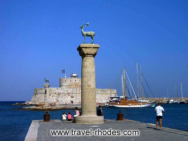 The famous entrance into Rhodes port with the two brassy deers that dominate the entry to the harbour.  