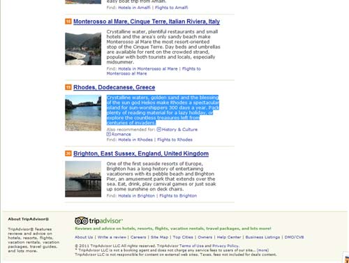 Good news from Tripadvisor, where Rhodes is listed at the No 19 in Europe best beaches proposals. <br><br>

Crystalline waters, golden sand and the blessing of the sun god Helios make Rhodes a spectacular island for sun-worshippers 300 days a year. Pack plenty of reading material for a lazy holiday, or explore the countless treasures left from centuries of invaders. <br><br>


More information on <a href=http://www.tripadvisor.com/Inspiration-g4-c1-Europe.html target=blank>Best Beach Vacations - Europe</a>