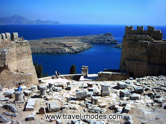 The sea view from inside the castle in the Acropolis of Lindos, Rhodes  